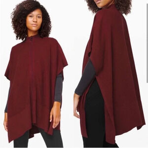 Lululemon Call Me Cozy Burgundy Full Zip Cotton Yak Knit Wrap Poncho One Size